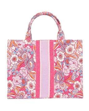 women floral print tote bag with snap-button closure