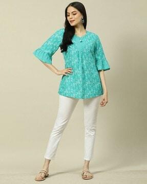 women floral print tunic with bell sleeves