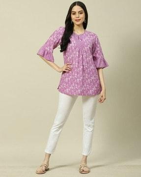 women floral print tunic with bell sleeves