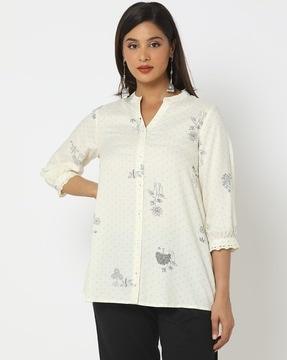 women floral print tunic with lace accent