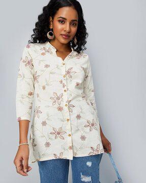 women floral print tunic with mandarin