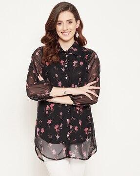 women floral print tunic with spread collar