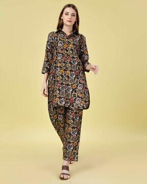 women floral print tunic with spread collar