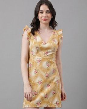 women floral print v-neck a-line dress