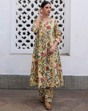 women floral print v-neck a-line kurta & pants set