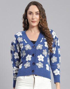 women floral print v-neck cardigan