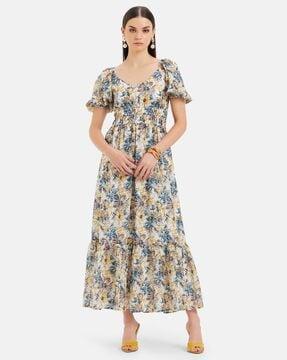 women floral print v-neck fit & flare dress