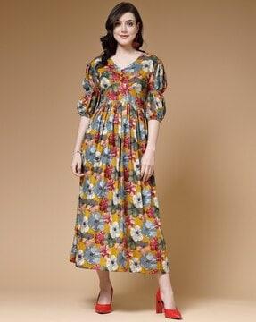 women floral print v-neck fit & flare dress