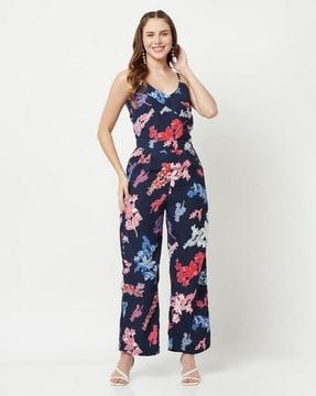 women floral print v-neck jumpsuit