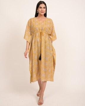 women floral-print v-neck kaftan dress