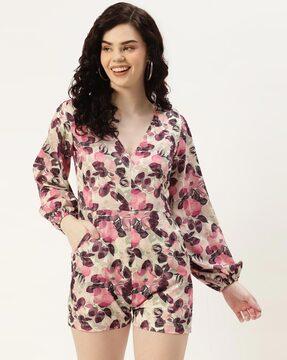 women floral print v-neck playsuit