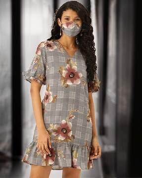 women floral print v-neck shift dress
