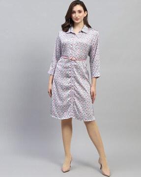 women floral print v-neck shirt dress with belt