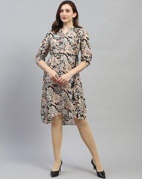 women floral print v-neck shirt dress