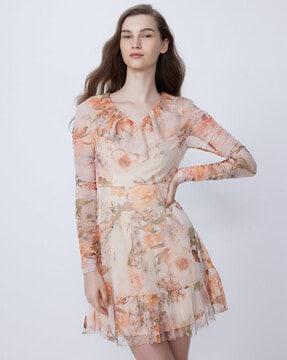 women floral print v-neck skater dress