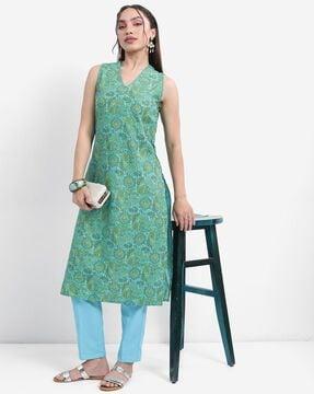 women floral print v-neck straight kurta