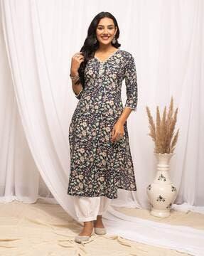 women floral print v-neck straight kurta