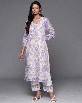 women floral print v-neck straight kurta