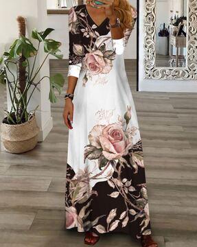 women floral print v-neck three-quarter maxi a-line dress