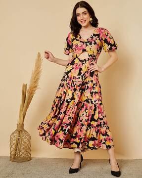 women floral print v-neck tiered dress