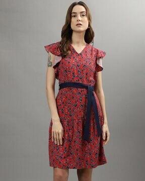 women floral print v-neck tiered dress