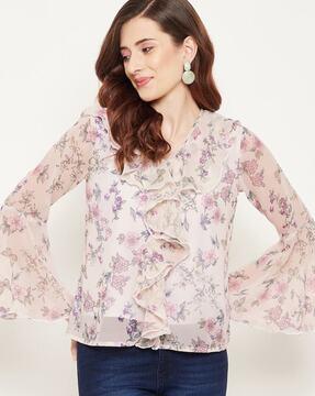 women floral print v-neck top