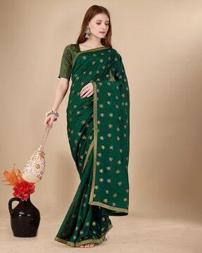 women floral print vichitra silk saree with patch border