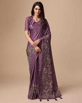 women floral print viscose silk saree with tassels