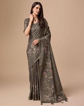 women floral print viscose silk saree with tassels