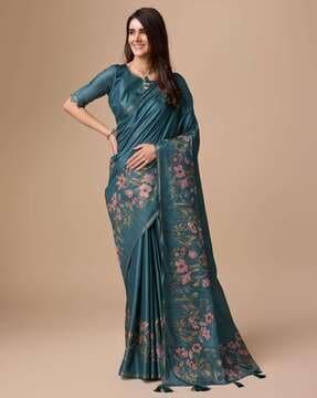 women floral print viscose silk saree with tassels