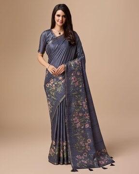 women floral print viscose silk saree with tassels