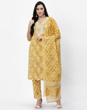 women floral printed & embellished kurta set with dupatta