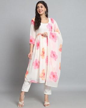 women floral printed anarkali kurta with pants & dupatta set