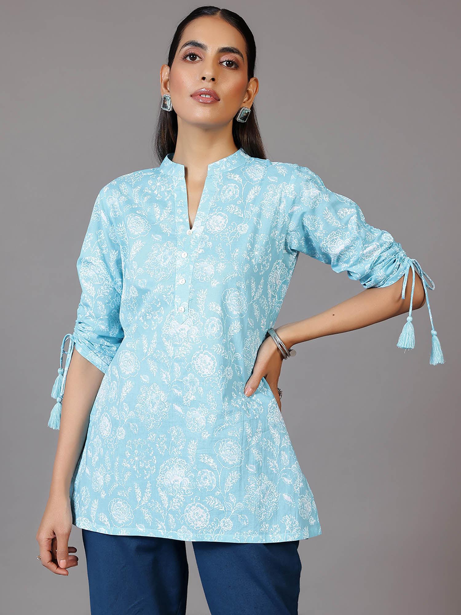 women floral printed blue kurti with a short button placket