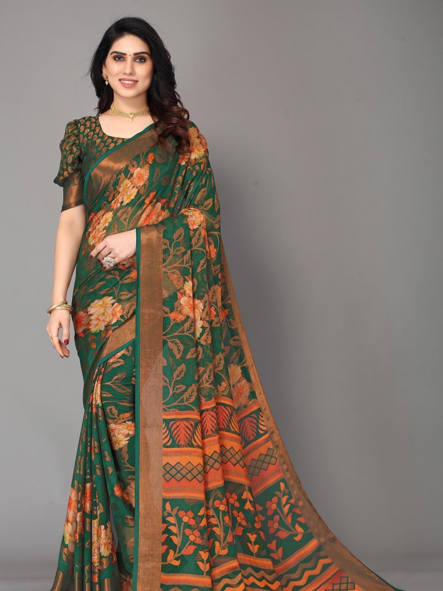 women floral printed chiffon saree with unstitched blouse - green