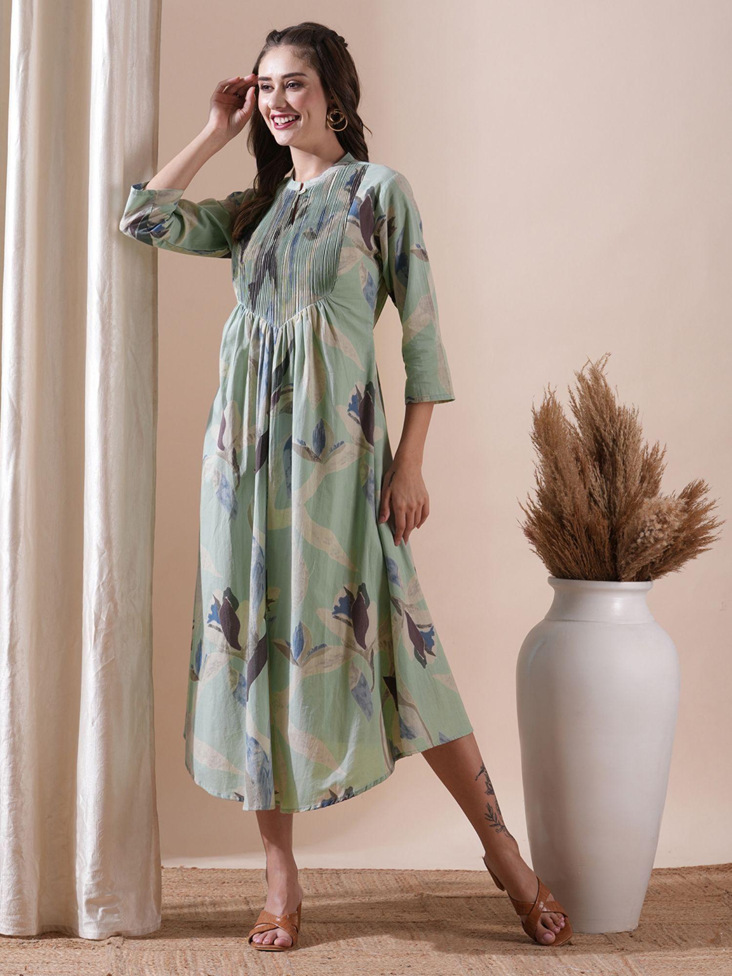 women floral printed cotton midi dress - green