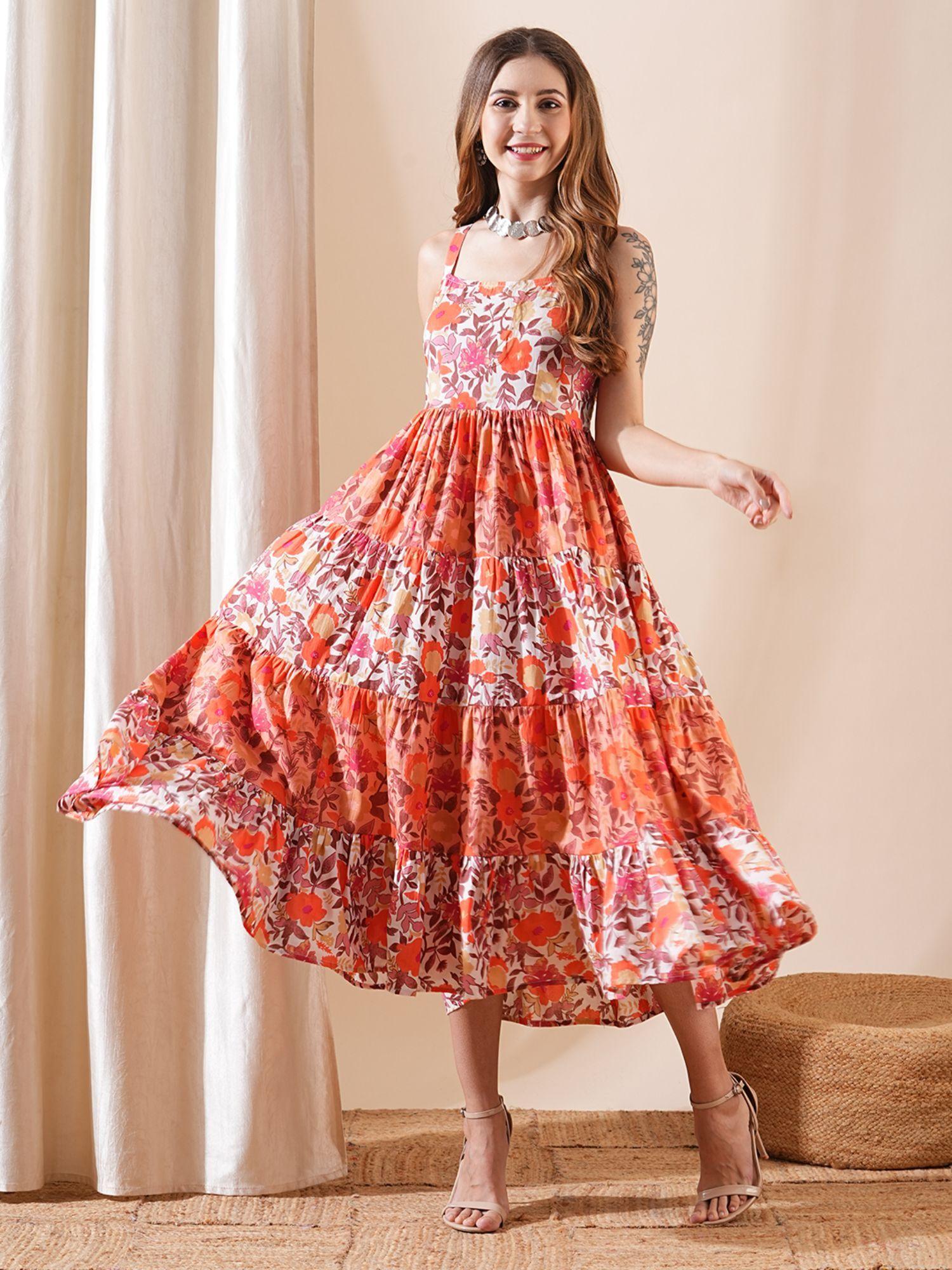 women floral printed cotton midi dress - multi - color