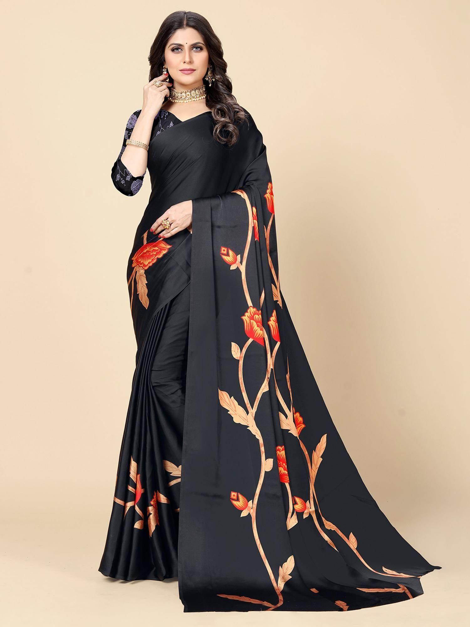 women floral printed crepe saree with unstitched blouse - black