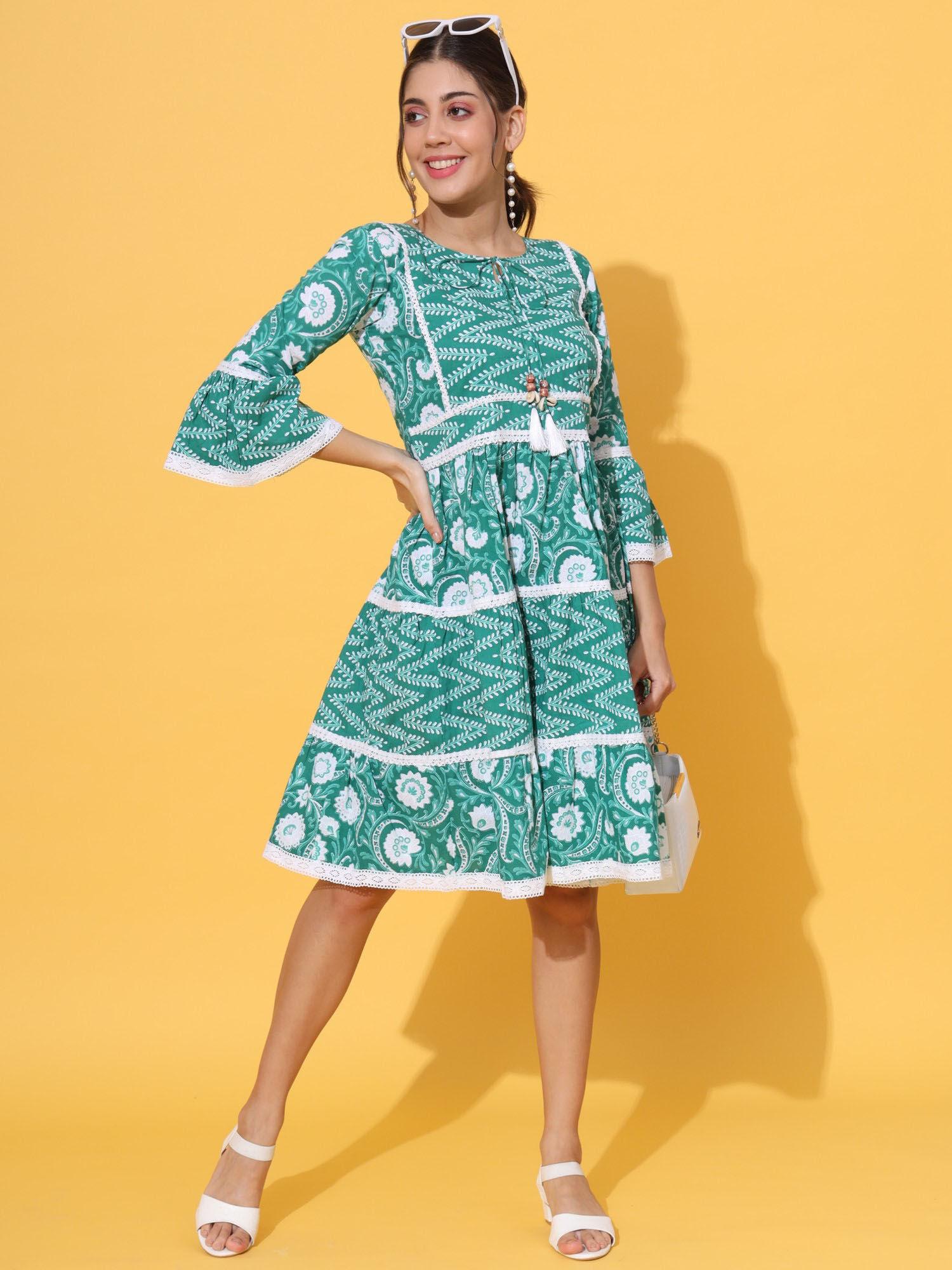 women floral printed flared cotton green stitched dress