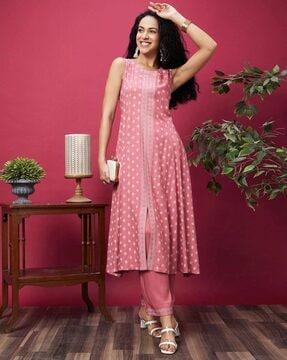 women floral printed flared hem front slit a-line kurta & elasticated trousers set