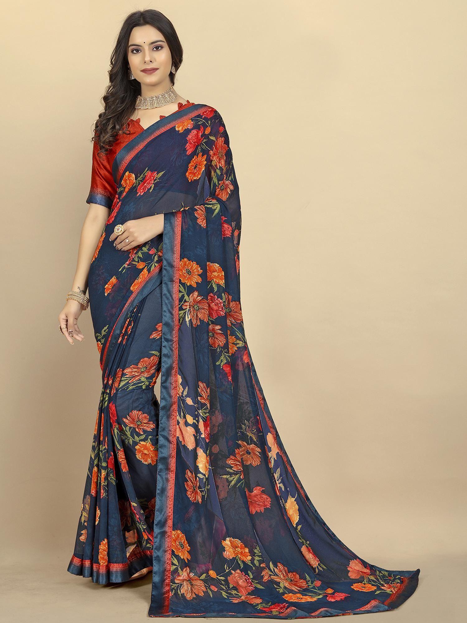 women floral printed georgette saree with unstitched blouse - navy blue