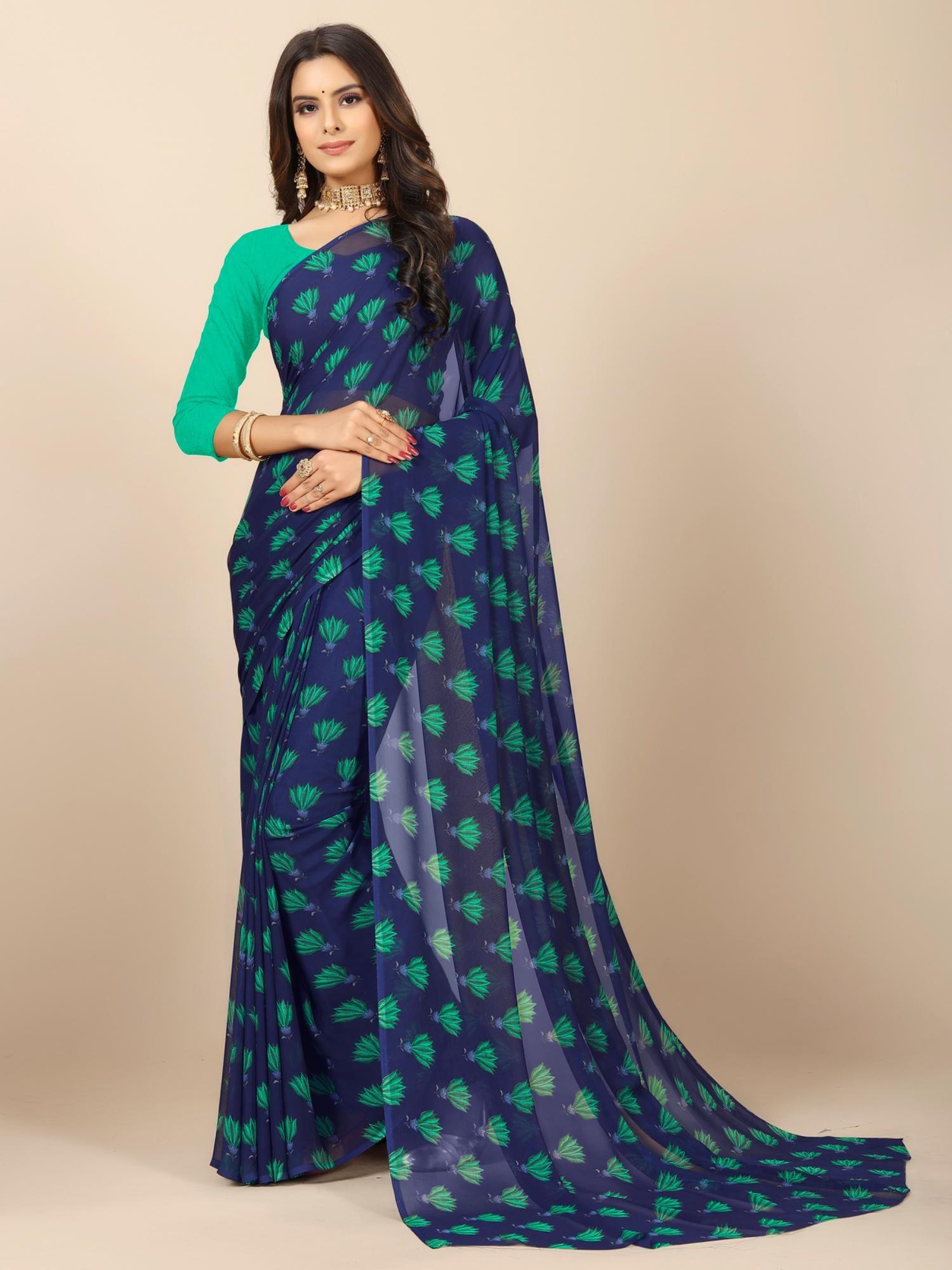 women floral printed georgette saree with unstitched blouse - navy blue