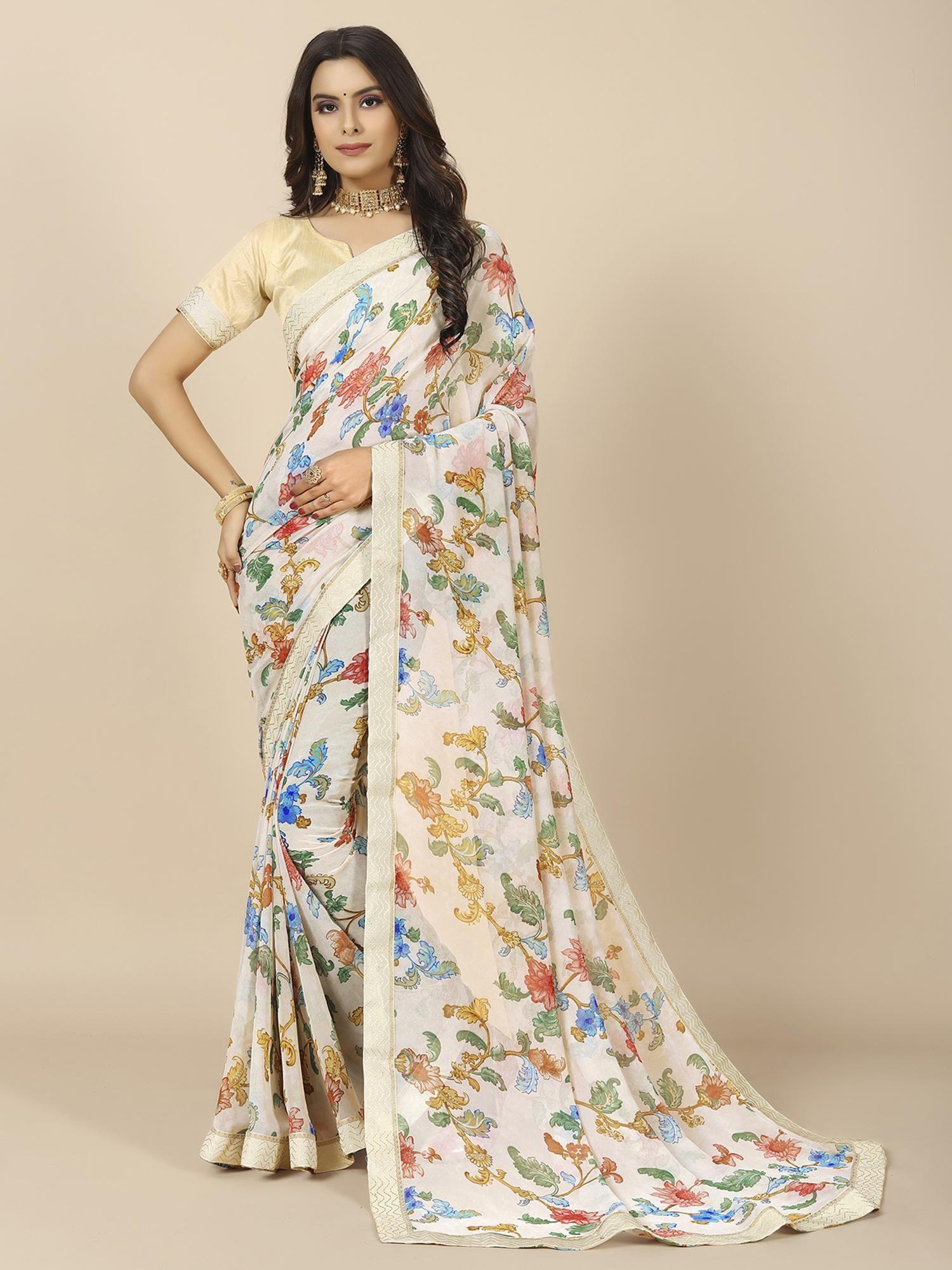 women floral printed georgette saree with unstitched blouse - off white