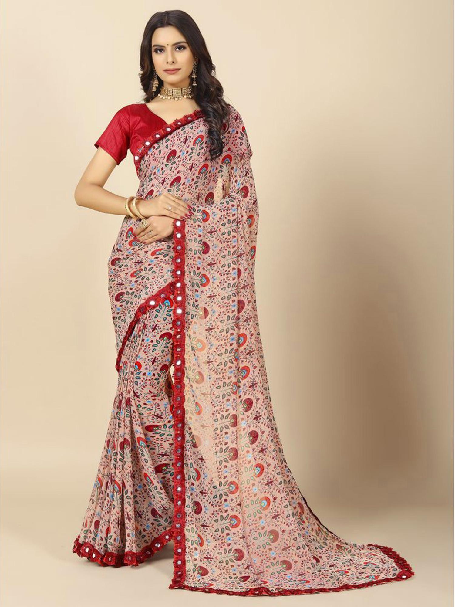 women floral printed georgette saree with unstitched blouse - red