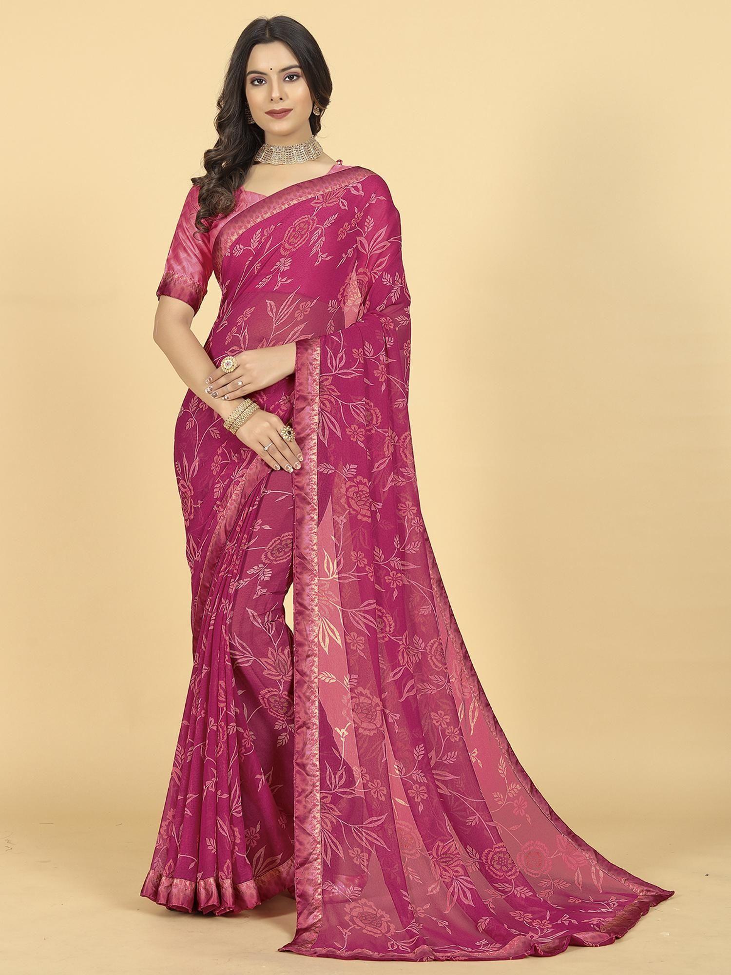 women floral printed georgette saree with unstitched blouse - wine