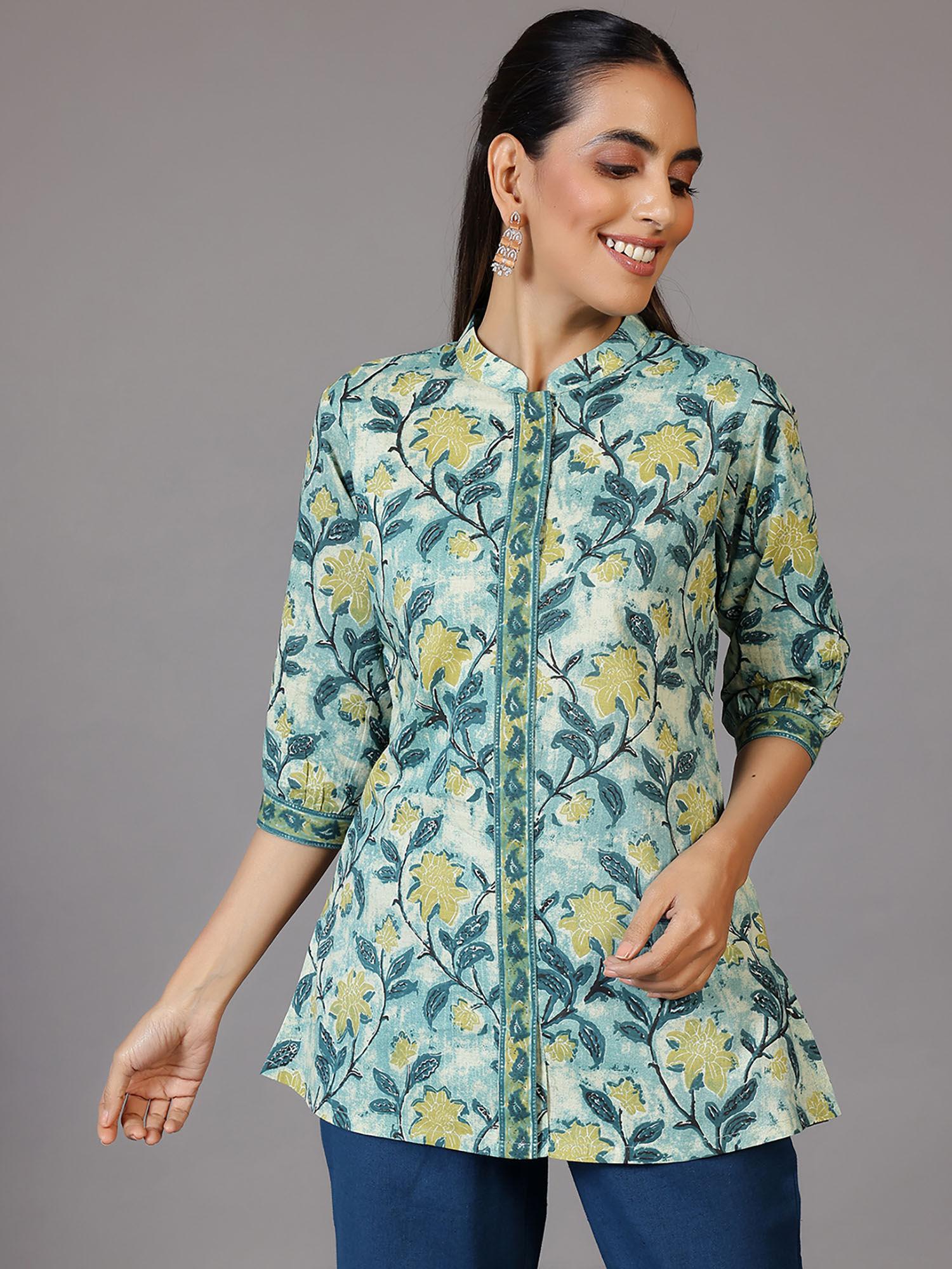 women floral printed green tunic with a mandarina collar