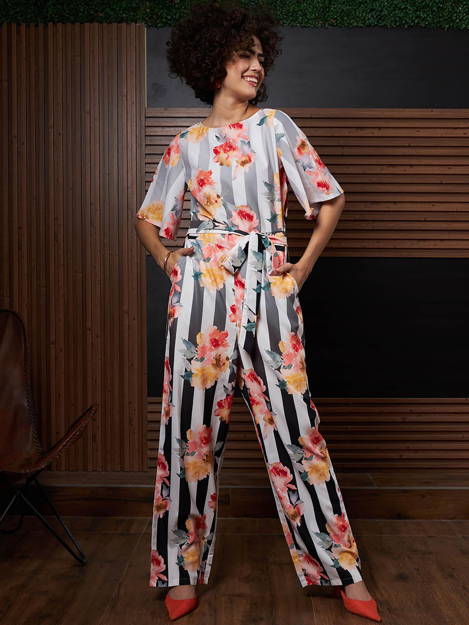 women floral printed half sleeves black jumpsuit