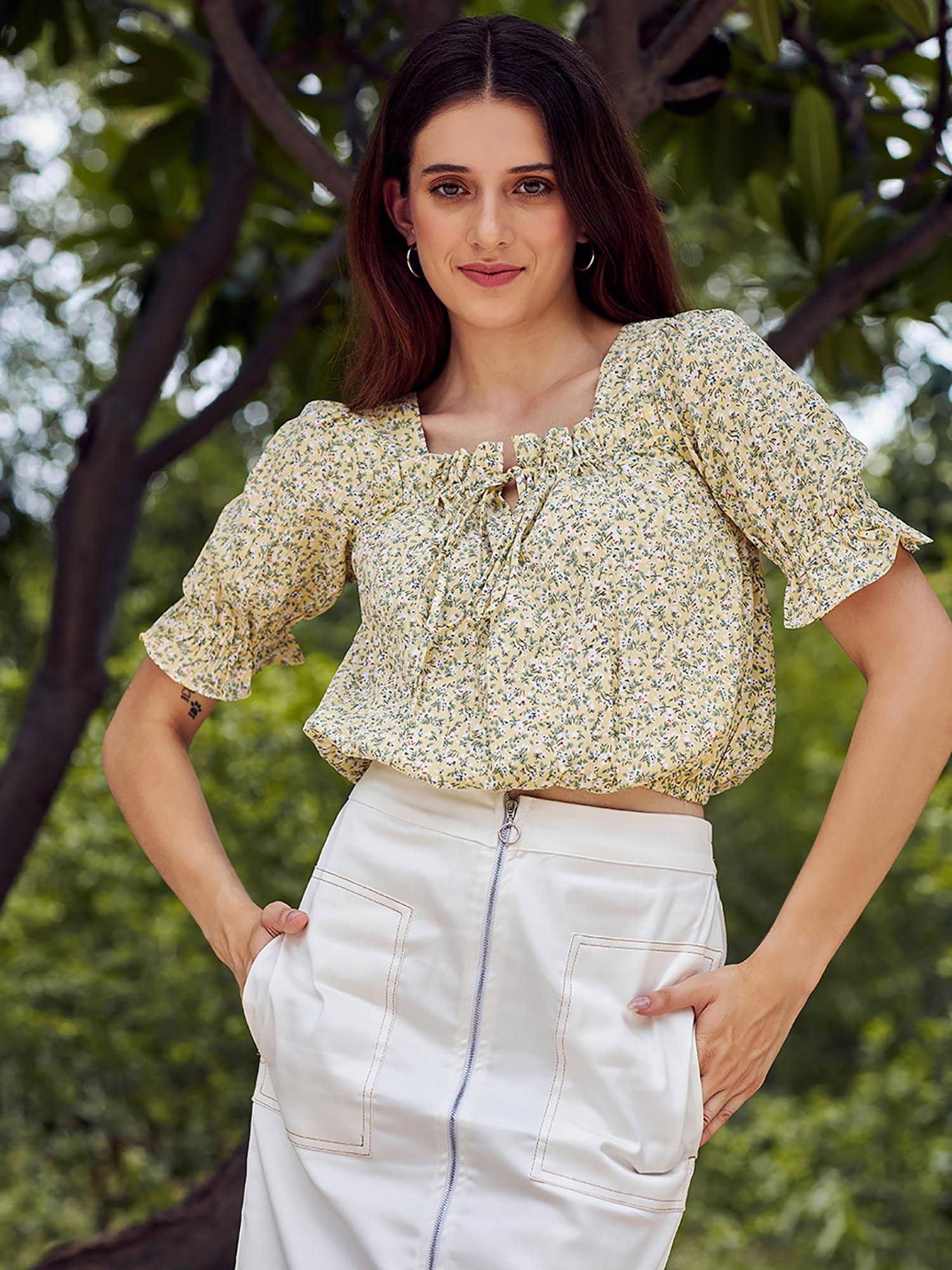 women floral printed half sleeves green top