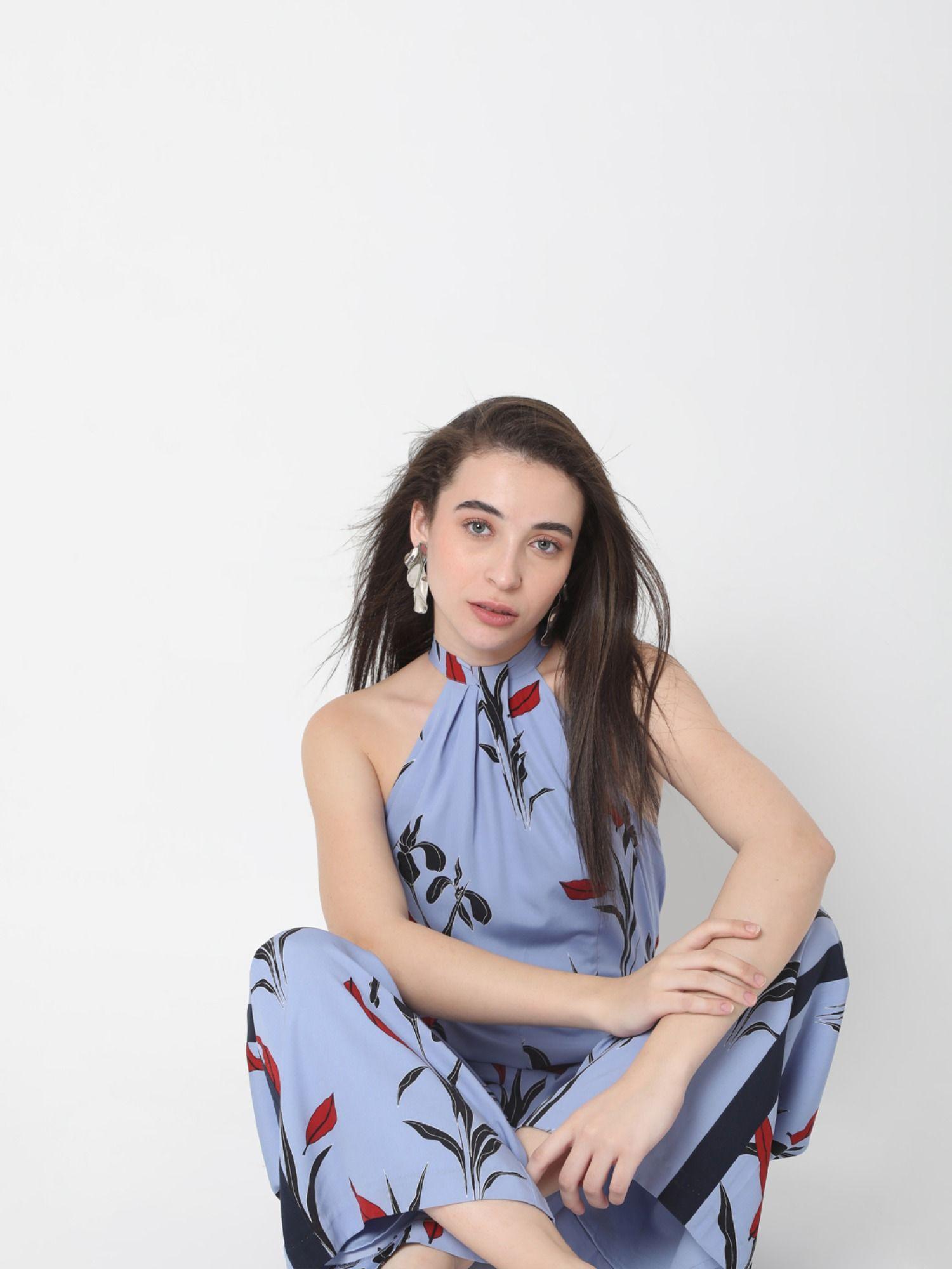 women floral printed halter neck blue jumpsuit