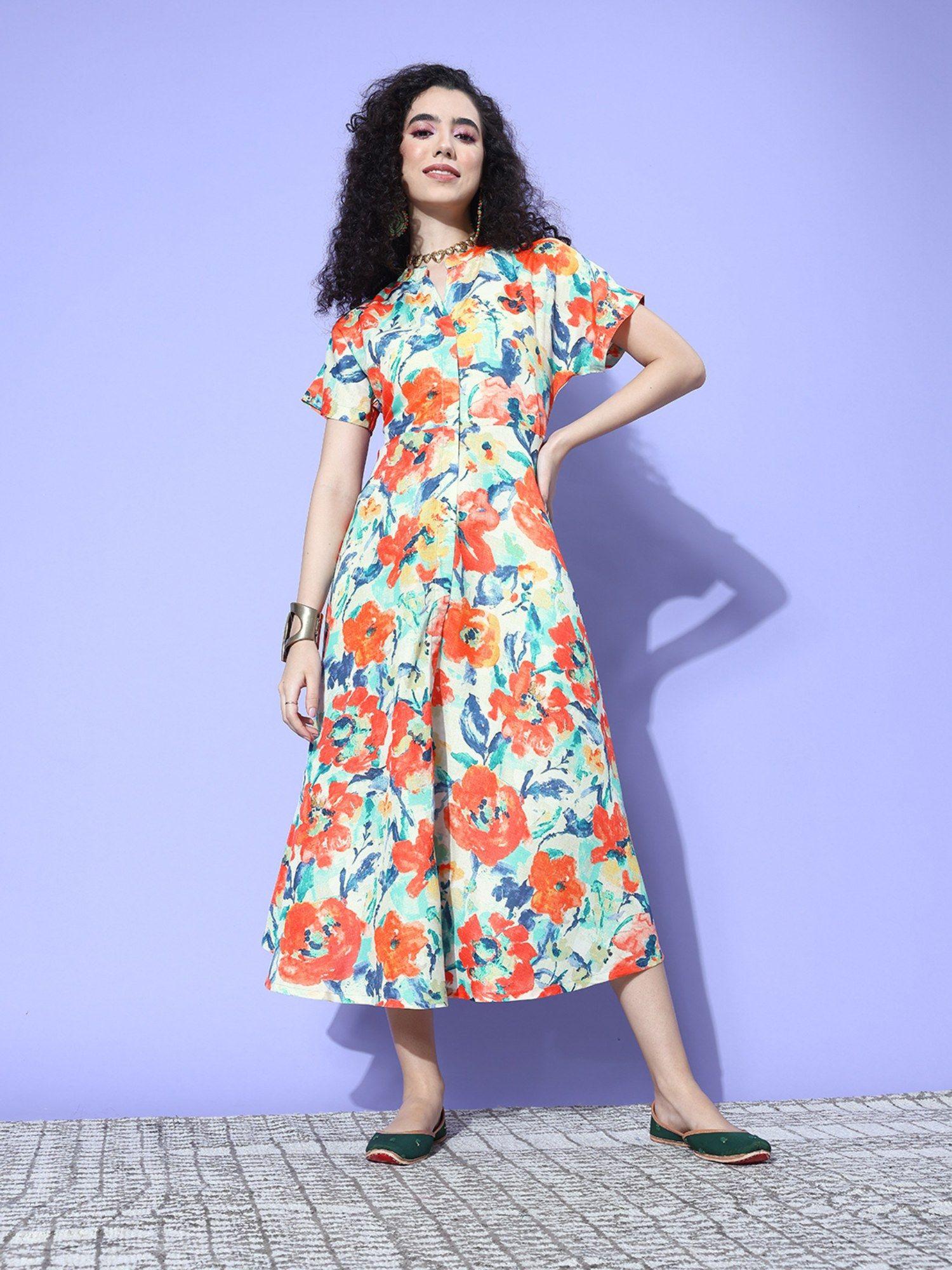 women floral printed kimono sleeves a-line dress with front slit